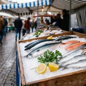 Verse makreel haring en zalmfilet liggen op ijs in de toonbank van een viskraam op de markt