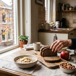 Keukentafel met een kom havermout met banaan volkorenbrood een appel noten en een open blik bruine bonen
