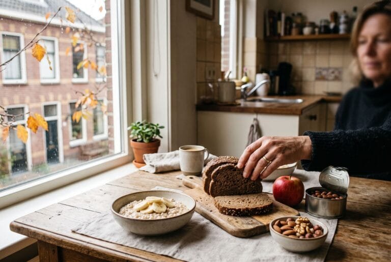 Keukentafel met een kom havermout met banaan volkorenbrood een appel noten en een open blik bruine bonen