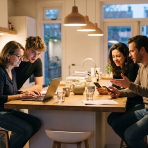 Vier vrienden aan een keukeneiland kijken op telefoons en een laptop wat hun geboortedatum zegt