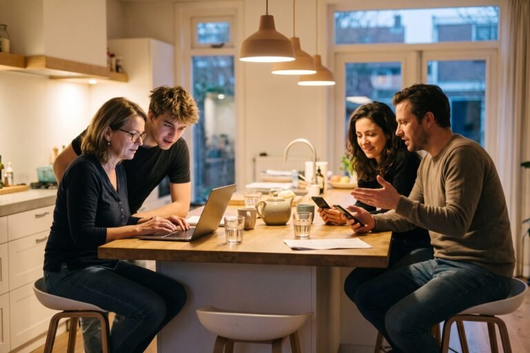 Vier vrienden aan een keukeneiland kijken op telefoons en een laptop wat hun geboortedatum zegt