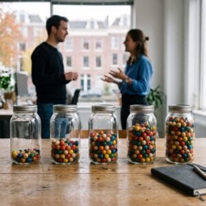 Vijf glazen potten op een vergadertafel, elk tot een andere hoogte gevuld met gekleurde houten kralen