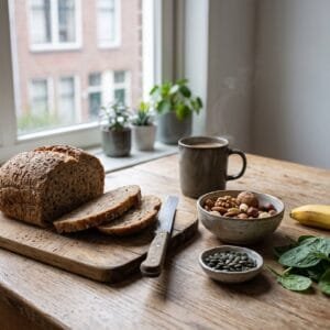 Sneetjes volkorenbrood naast een schaaltje noten en pompoenpitten op een houten keukentafel