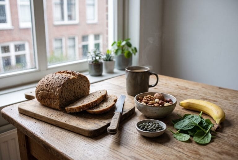 Sneetjes volkorenbrood naast een schaaltje noten en pompoenpitten op een houten keukentafel