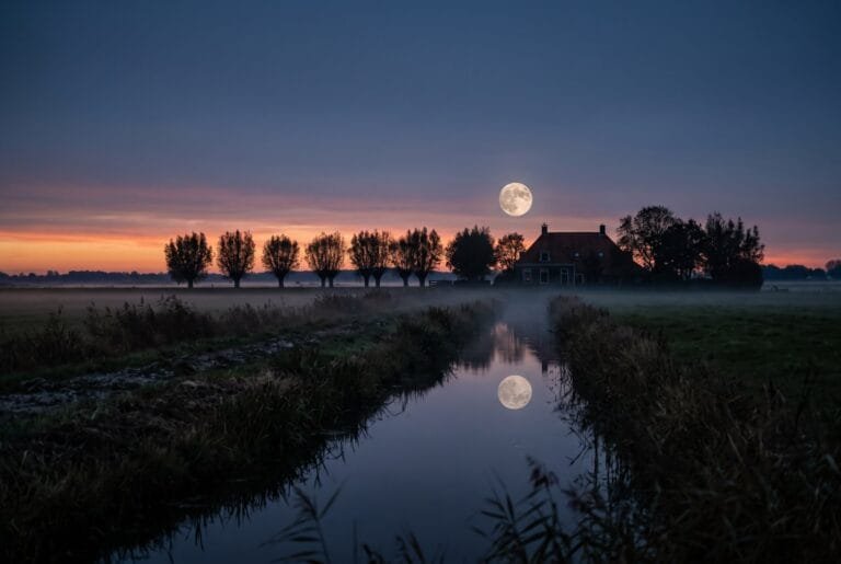 Volle maan komt op boven een Nederlandse polder met knotwilgen en een sloot in de schemering
