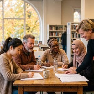 Volwassen cursisten schrijven aan een tafel in de bibliotheek terwijl een docent meekijkt