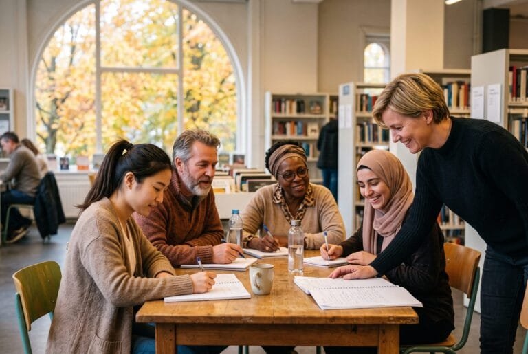 Volwassen cursisten schrijven aan een tafel in de bibliotheek terwijl een docent meekijkt
