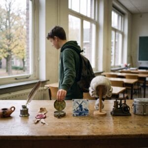 Scholier loopt langs een houten tafel met een rij voorwerpen van een pijlpunt en een pruik tot een oude televisie