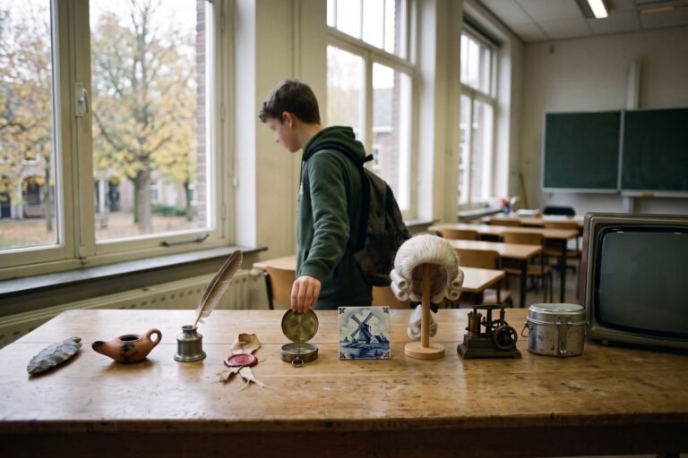 Scholier loopt langs een houten tafel met een rij voorwerpen van een pijlpunt en een pruik tot een oude televisie