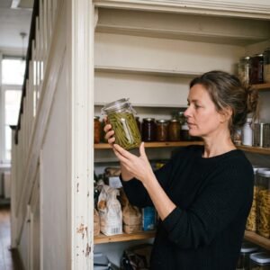 Vrouw houdt bij een open voorraadkast een glazen pot sperziebonen tegen het licht en bekijkt de inhoud