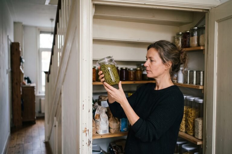Vrouw houdt bij een open voorraadkast een glazen pot sperziebonen tegen het licht en bekijkt de inhoud