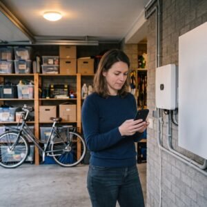 Vrouw kijkt in de garage op haar telefoon, naast de thuisbatterij en de omvormer aan de muur