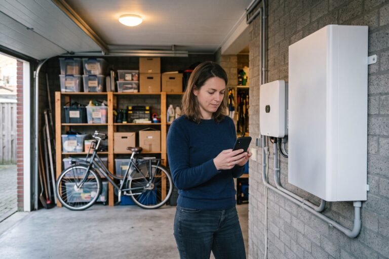Vrouw kijkt in de garage op haar telefoon, naast de thuisbatterij en de omvormer aan de muur