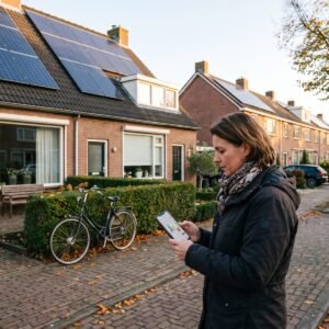 Vrouw bekijkt in de voortuin de stroomprijs op haar telefoon voor een rijtjeshuis met zonnepanelen