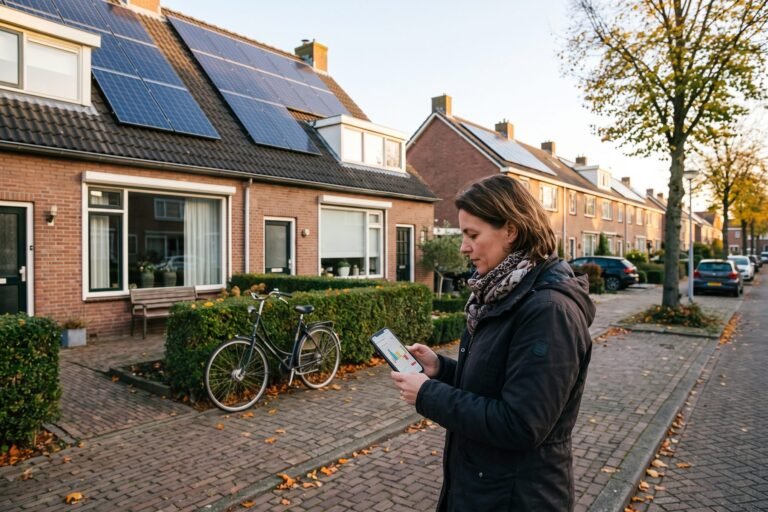 Vrouw bekijkt in de voortuin de stroomprijs op haar telefoon voor een rijtjeshuis met zonnepanelen