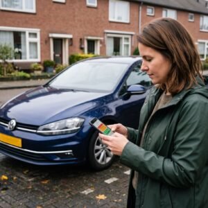 Vrouw kijkt op een oprit op haar telefoon naar de gegevens van een blauwe Volkswagen Golf die te koop staat