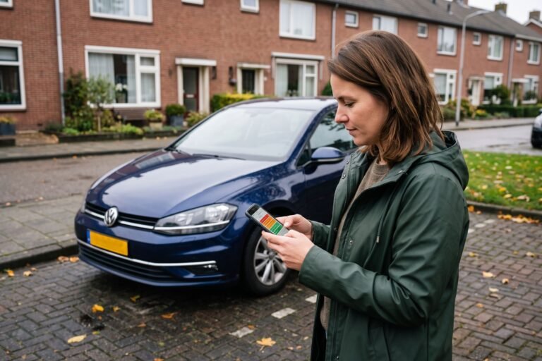 Vrouw kijkt op een oprit op haar telefoon naar de gegevens van een blauwe Volkswagen Golf die te koop staat