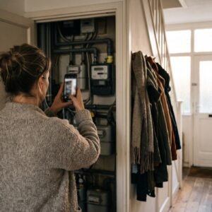 Vrouw fotografeert met haar telefoon de meters in de meterkast in de hal van een rijtjeshuis