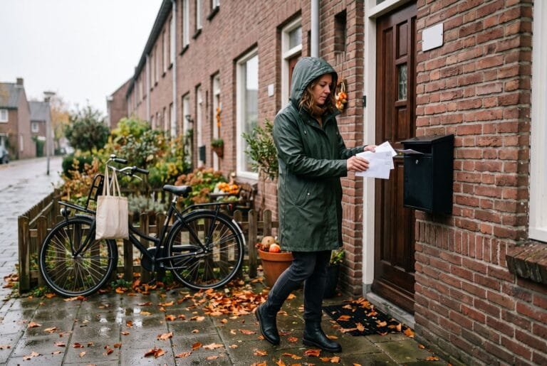 Vrouw haalt enveloppen uit de brievenbus bij de voordeur van een rijtjeshuis op een grijze herfstochtend