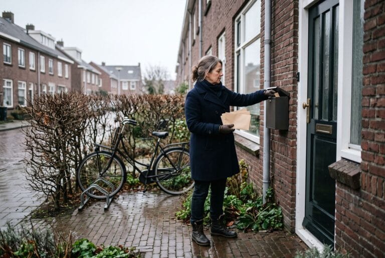 Vrouw in winterjas haalt op een grijze decemberochtend enveloppen uit de brievenbus naast haar voordeur