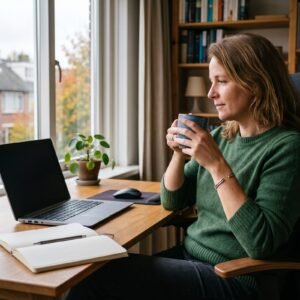 Vrouw kijkt met een mok in haar hand naar een laptop op een bureau in een werkkamer met herfstlicht