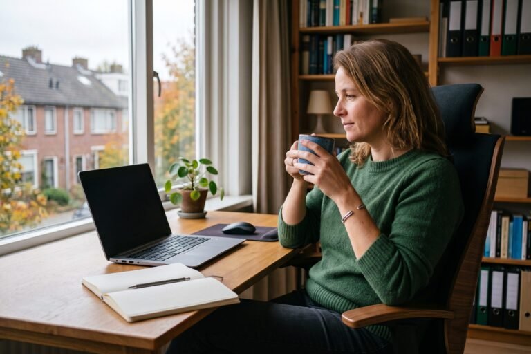 Vrouw kijkt met een mok in haar hand naar een laptop op een bureau in een werkkamer met herfstlicht