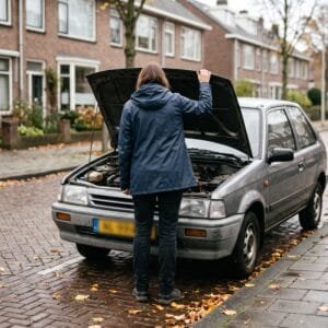 Vrouw staat met haar rug naar de camera bij de open motorkap van een grijze auto in een woonstraat in de herfst