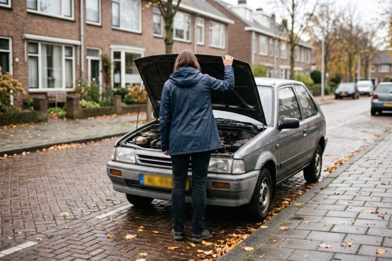 Vrouw staat met haar rug naar de camera bij de open motorkap van een grijze auto in een woonstraat in de herfst