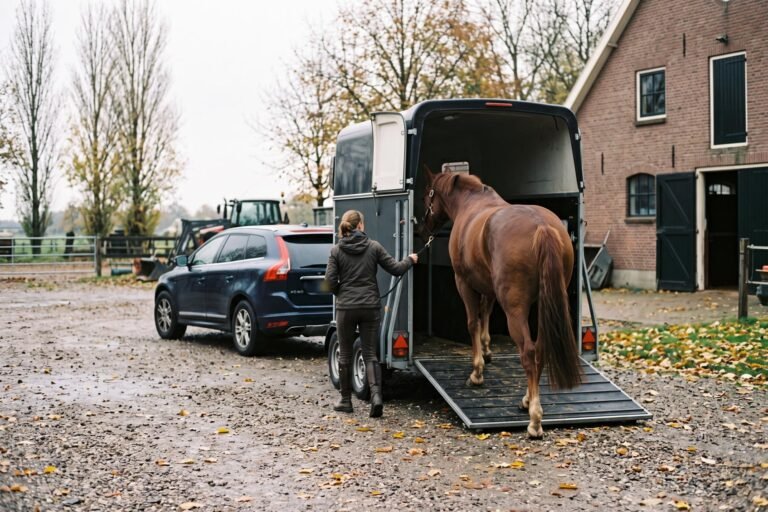 Vrouw leidt een paard een paardentrailer in achter een auto op het erf van een manege in de herfst