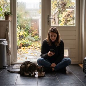 Vrouw zit met haar telefoon op de keukenvloer naast een cyperse kat die uit een bakje eet