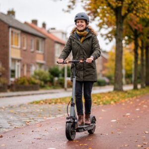 Vrouw met helm rijdt op een elektrische step over een rood fietspad langs bomen in herfstkleuren