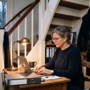 Vrouw werkt op een laptop aan een klein bureau onder de trap met een ordner ernaast