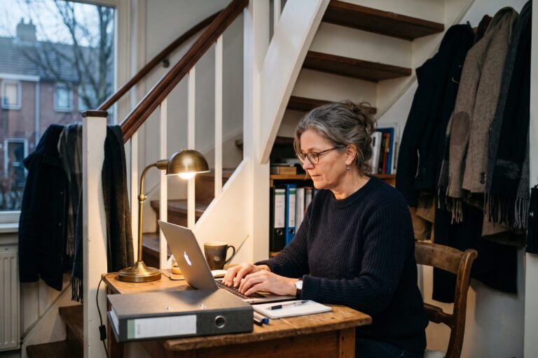 Vrouw werkt op een laptop aan een klein bureau onder de trap met een ordner ernaast