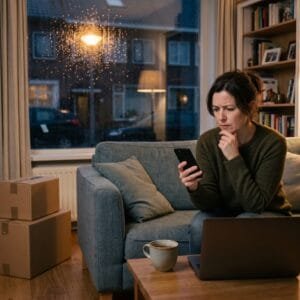Vrouw kijkt op een novemberavond op de bank naar haar telefoon met een laptop en kartonnen pakketten naast zich