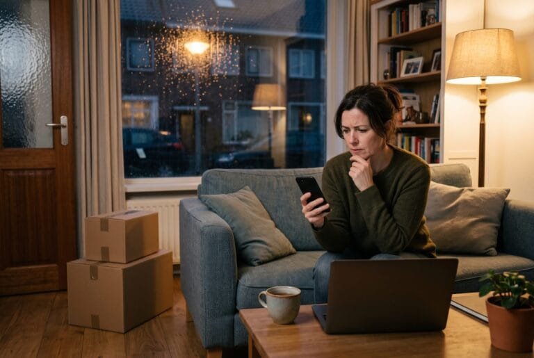 Vrouw kijkt op een novemberavond op de bank naar haar telefoon met een laptop en kartonnen pakketten naast zich
