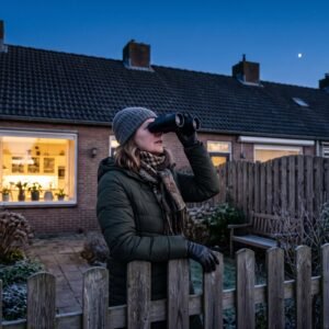 Vrouw kijkt op een winteravond in de achtertuin met een verrekijker naar een helder lichtpunt boven de daken
