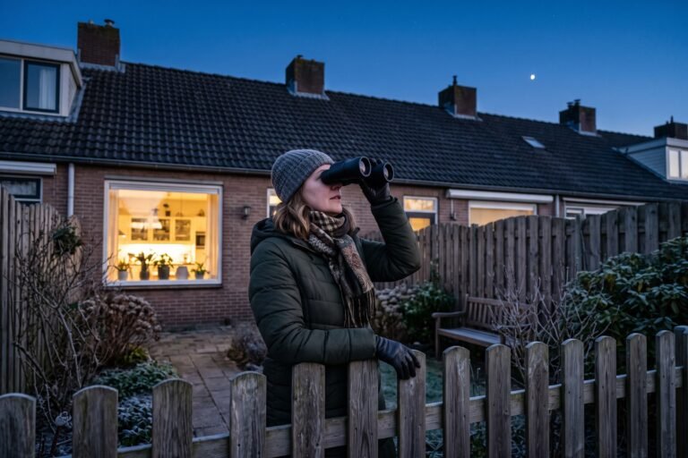Vrouw kijkt op een winteravond in de achtertuin met een verrekijker naar een helder lichtpunt boven de daken