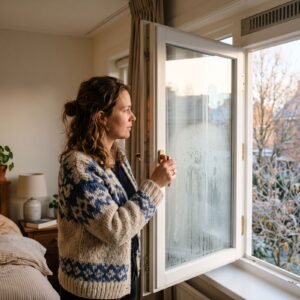 Vrouw zet op een koude ochtend een beslagen slaapkamerraam open, met het bed op de voorgrond en rijp in de tuin