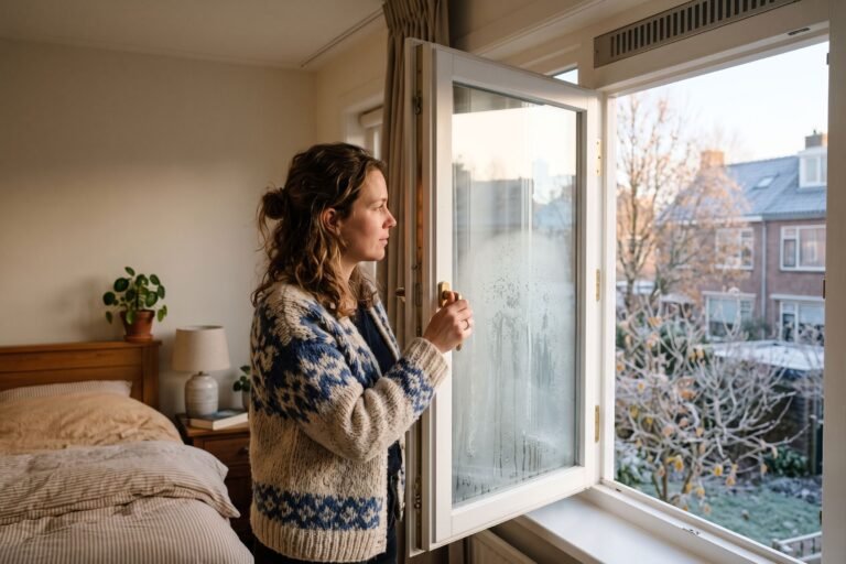 Vrouw zet op een koude ochtend een beslagen slaapkamerraam open, met het bed op de voorgrond en rijp in de tuin