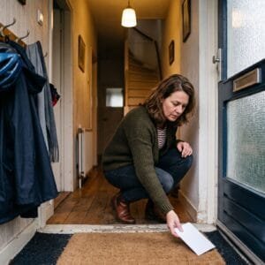 Vrouw hurkt in de gang bij de open voordeur en raapt een envelop van de deurmat