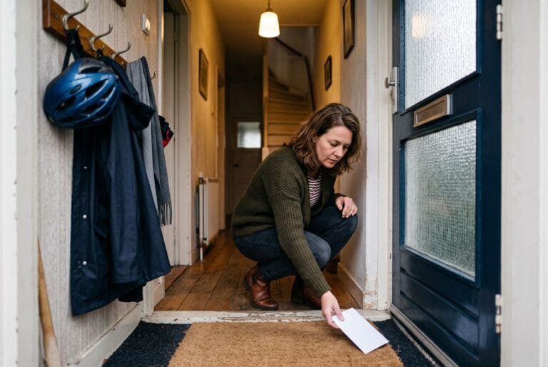 Vrouw hurkt in de gang bij de open voordeur en raapt een envelop van de deurmat