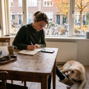 Vrouw rekent aan de keukentafel haar maandbudget uit terwijl een labrador aan haar voeten ligt