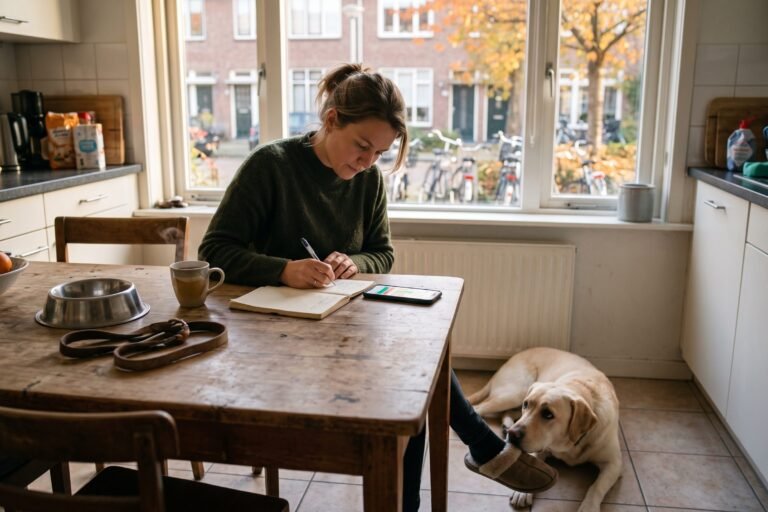 Vrouw rekent aan de keukentafel haar maandbudget uit terwijl een labrador aan haar voeten ligt