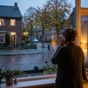 Vrouw van achteren gezien belt met haar telefoon bij het raam van een woonkamer in de schemering