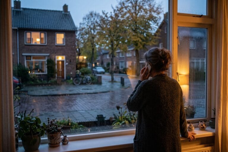 Vrouw van achteren gezien belt met haar telefoon bij het raam van een woonkamer in de schemering