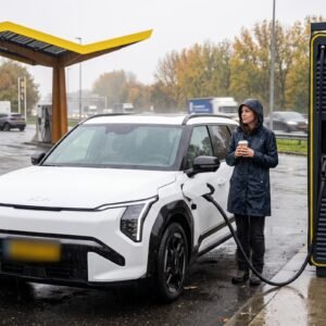 Vrouw met koffiebeker wacht naast een witte elektrische auto die laadt bij een snellader langs de snelweg