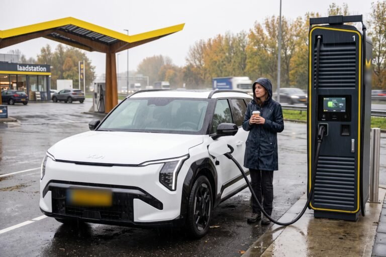 Vrouw met koffiebeker wacht naast een witte elektrische auto die laadt bij een snellader langs de snelweg