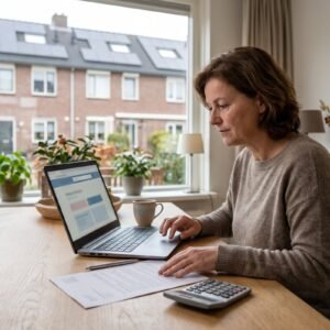Vrouw zoekt aan de eettafel op haar laptop de subsidieregeling voor een thuisbatterij op