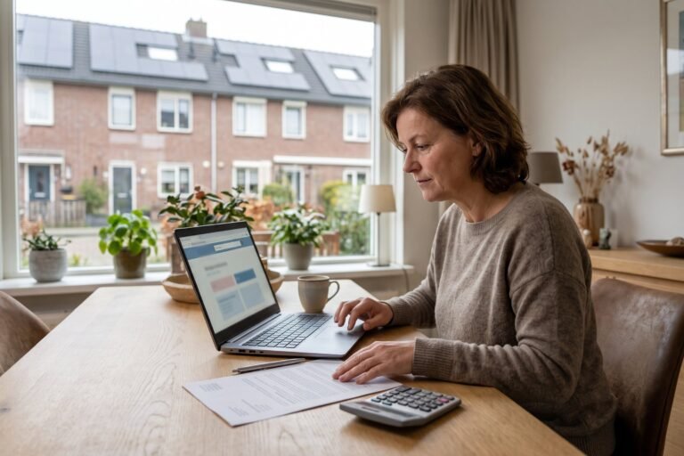 Vrouw zoekt aan de eettafel op haar laptop de subsidieregeling voor een thuisbatterij op