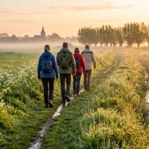 Groepje wandelaars loopt bij zonsopkomst over een graspad door een nat weiland met fluitenkruid